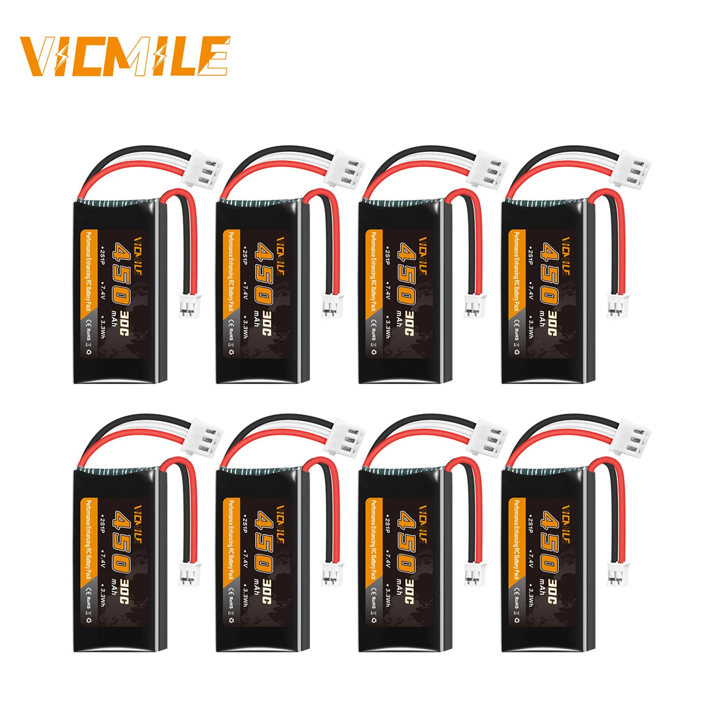 VICMILE SCX24 Battery 7.4V 450mAh Lipo Battery 2S 30C Rechargeable Lipos with PH2.0 Plug Fit for Most 1/10, 1/16, 1/18, 1/24 Sca