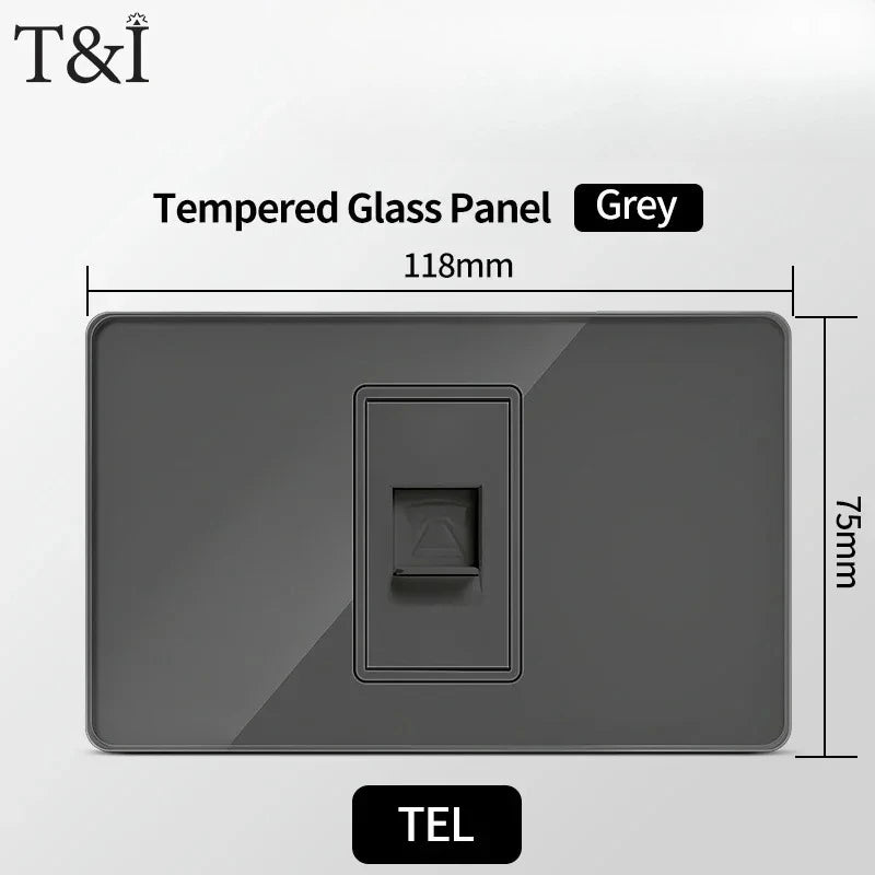 118*75mm Tempered Glass Socket US Wall Socket Grey Thai USB Socket Plug with Dual USB Type-C Ports,Light Switch 110V