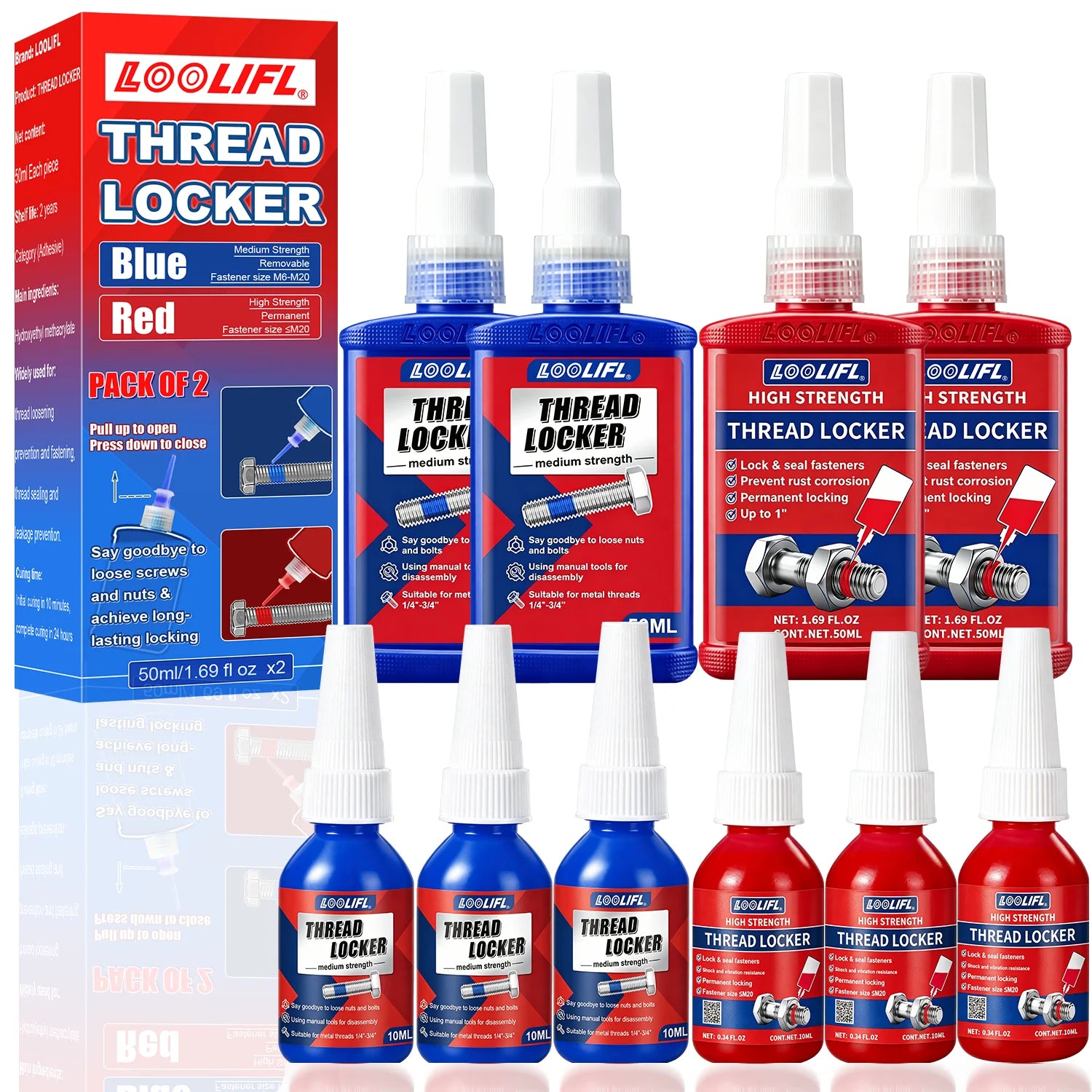 High Medium Strength Threadlocker 243 271 Bolt Anti-Loose Seal Glue Oil Heat Vibration Resistant Metal Thread Compound 50ML 10G