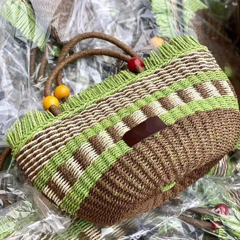 Cute Bucket Bag Picnic Basket Tassel Bead Decorated Hand Woven Grass Handbag Charming Shoulder Bag Women's Fashion Accessory