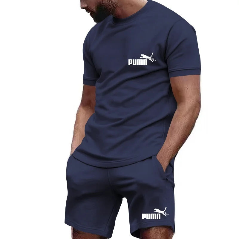 2026 new summer men's T-shirt+shorts set printed fashionable casual round neck pullover, breathable quick running sports shorts