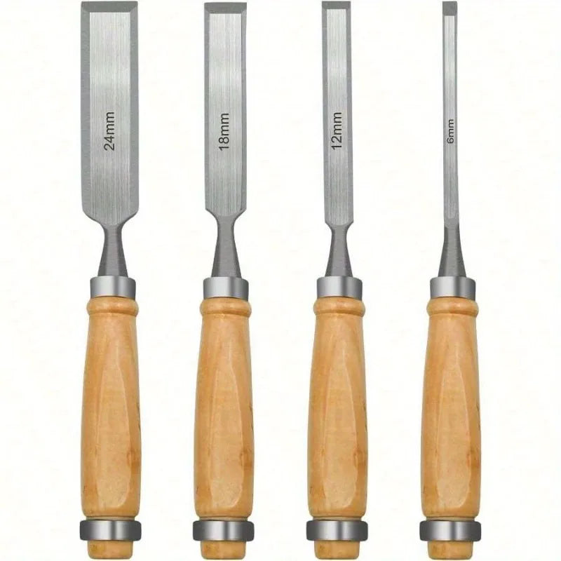 4Pcs Wood Carving Chisels Set Professional for Woodworking - 6/12/18/24mm Comfortable Beech Handle Wood Chisel with Wood Handles