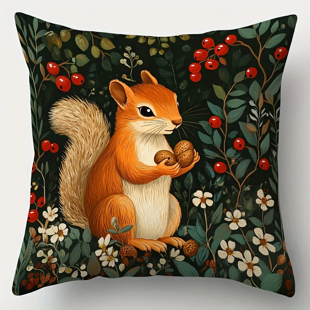 4-Piece Printed Animal Pillowcase Set – Vintage Nature Style with Deer, Squirrels, Foxes, Rabbits, Flora & Berries