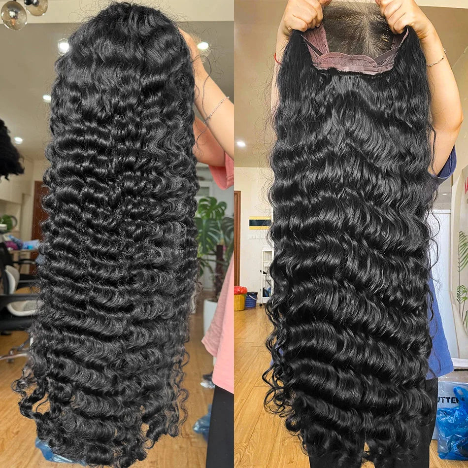 13X6 Hd Lace Frontal Wig Curly Deep Wave Human Hair Wigs 40 Inch Lace Front Wigs Brazilian Natural Black 230 Density Pre Plucked