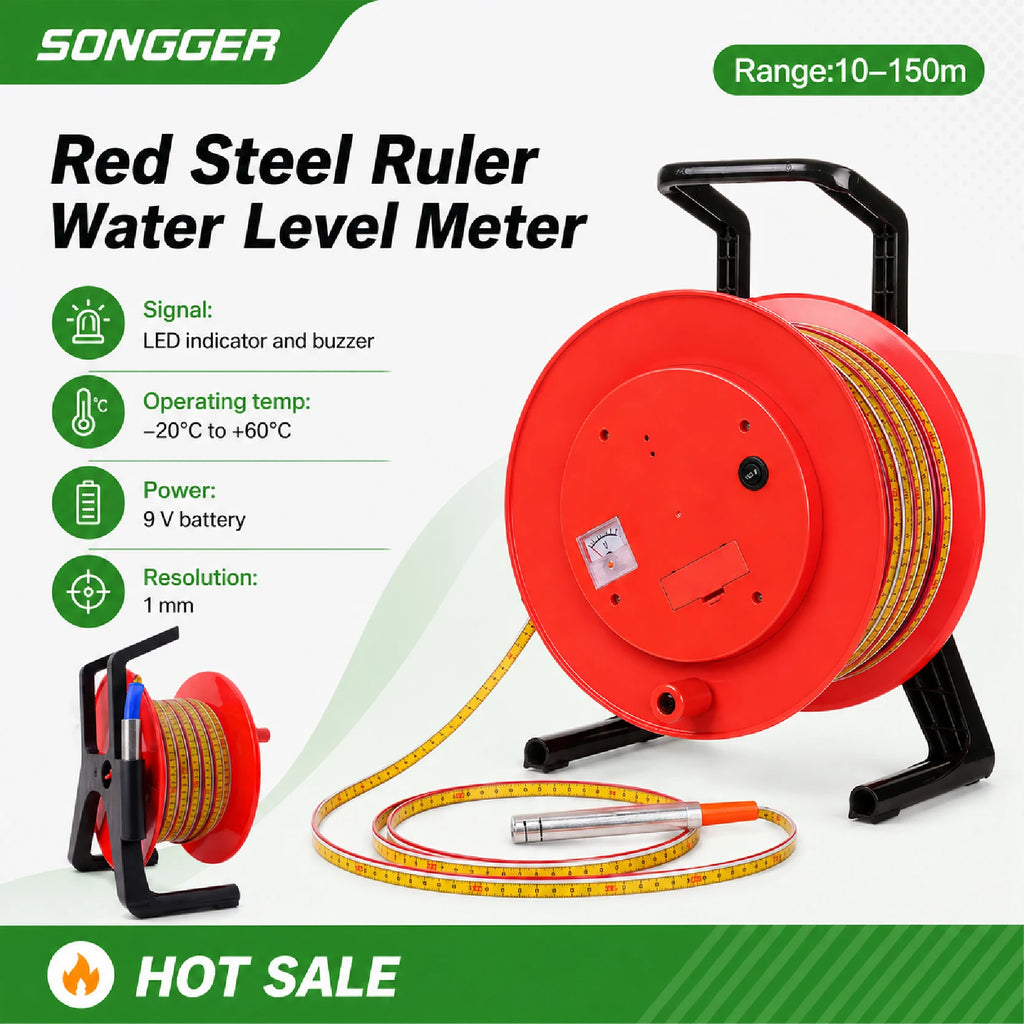 Portable Water Level Meter Tape with Cable Reel Groundwater Depth Detector LED Buzzer Battery Powered 10-150m