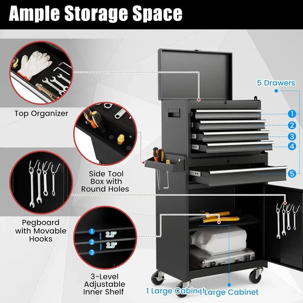 5 Drawer Rolling Tool Cabinet with Detachable Top, Lockable, Metal Storage Cart for Workshop