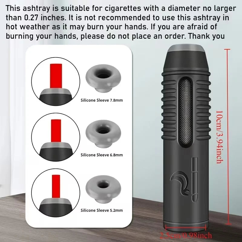 Portable handheld ashtray / car ashtray; hands-free cigarette holder for cars—no need to flick ash.