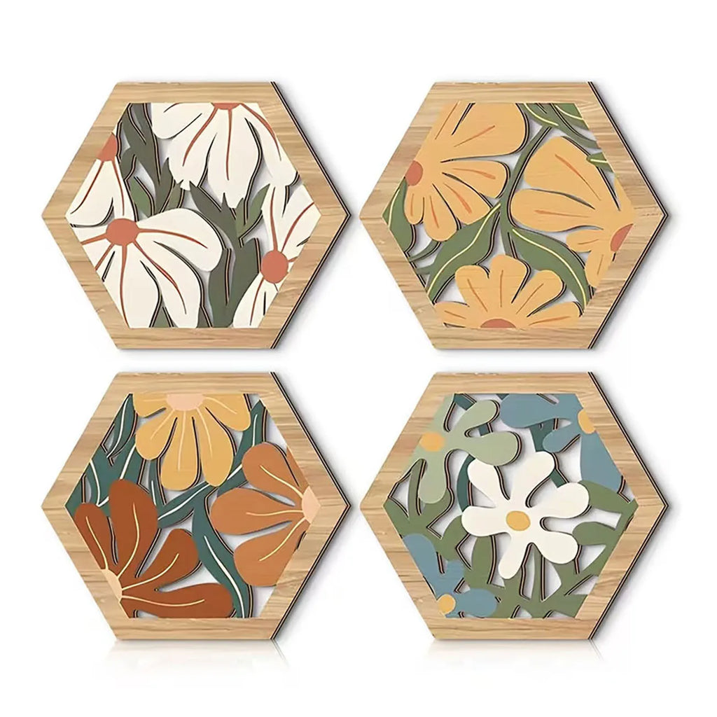 4Pcs Boho Floral Hexagon Wooden Wall Decor with Nano Tape, Boho Wall Art