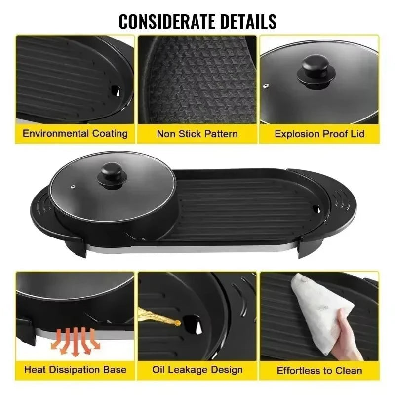 Electric Barbecue Pot 2-in-1 Hot Pot Barbecue Pot Smoke-free Fast and Uniform Heating Independent Dual Temperature Control