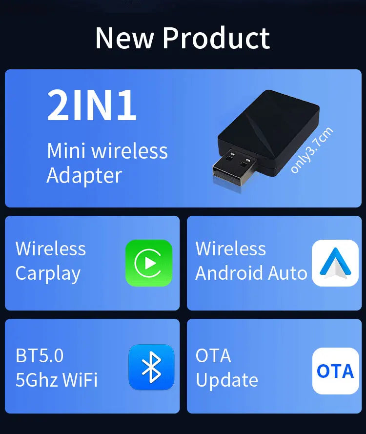 2026 Kowankit Wireless CarPlay Adapter Android Auto 2 in 1 Dongle Smart BT 5G WiFi Plug & Play For Toyota Hyundai Ford VW Nissan