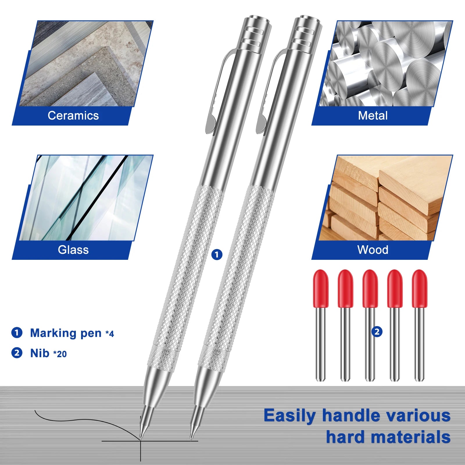 4Pcs Tungsten Steel Tip Scriber with Magnet Metal Scribe Tool with 20 Replacement Marking Tip Portable Etch Engraving Scribe Pen