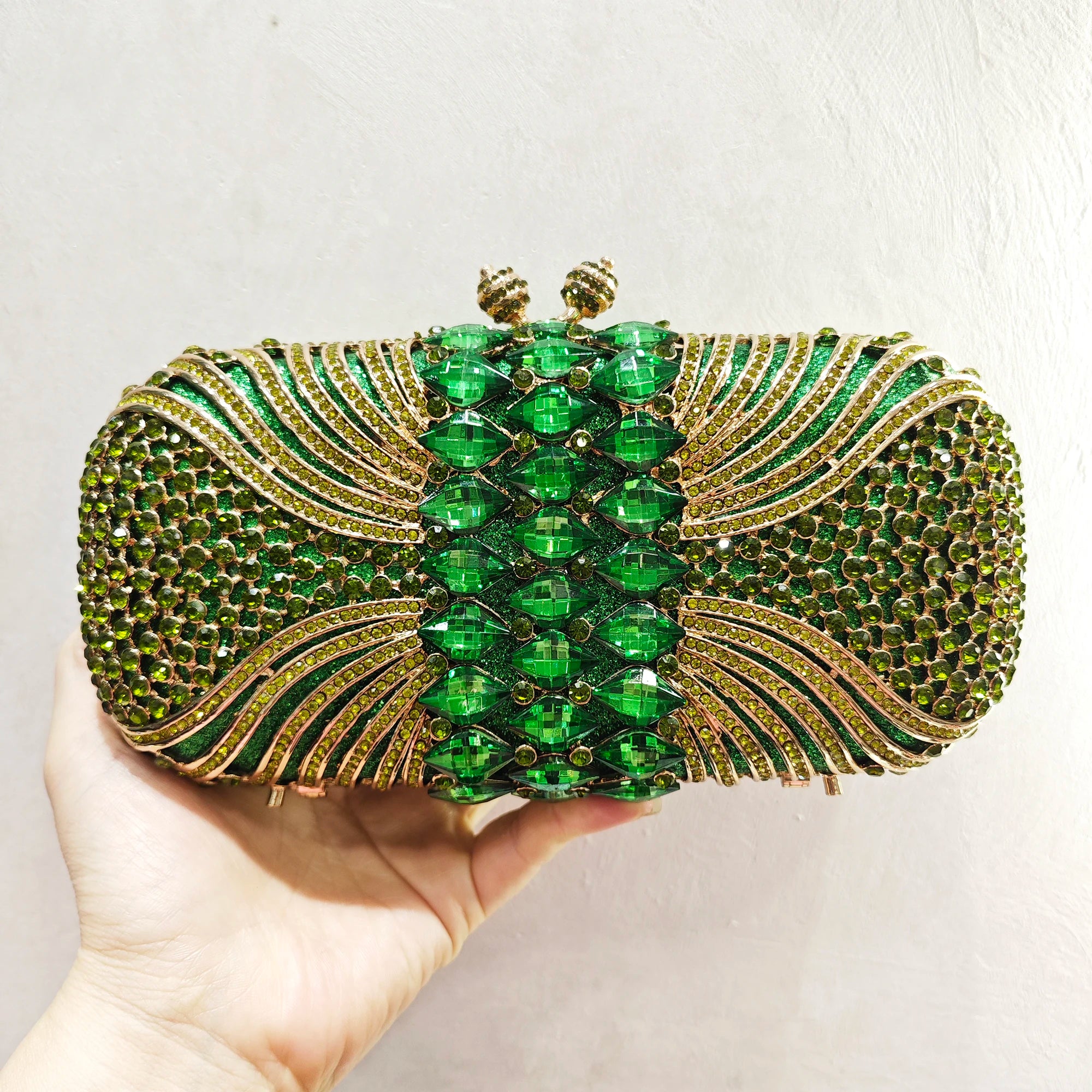 Hollow Out Green Rhinestone Crystal Evening Party Bags Gold Metal Clutch Female Wedding Purses Diamond Handbags Money Clutches
