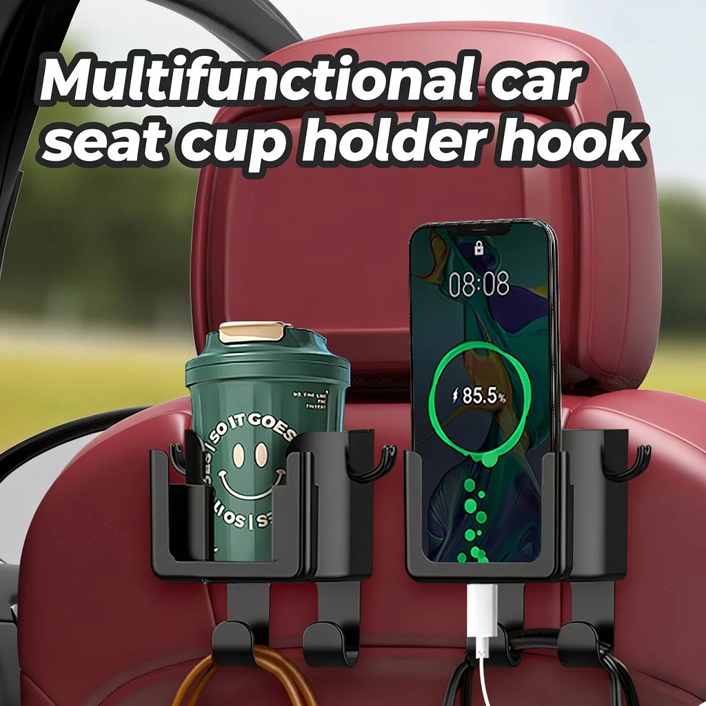 A 2-piece multi-functional car seat back storage bag, including a cup holder, a phone stand and a hook.