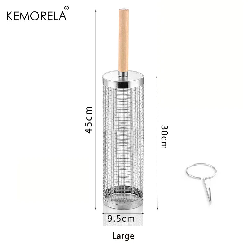 Round Barbecue Grill Basket Set, Stainless Steel Rolling BBQ Cage, Wire Mesh Cylinder Grilling Rack, Outdoor Camping Essential