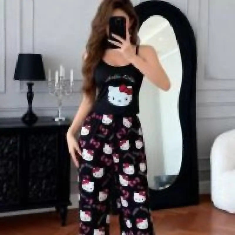 2026 Hot Style Hello Kitty Summer New Women's Black Suspender Pajama Set Comfortable Cartoon Two-Piece Home Clothes Casual Sexy