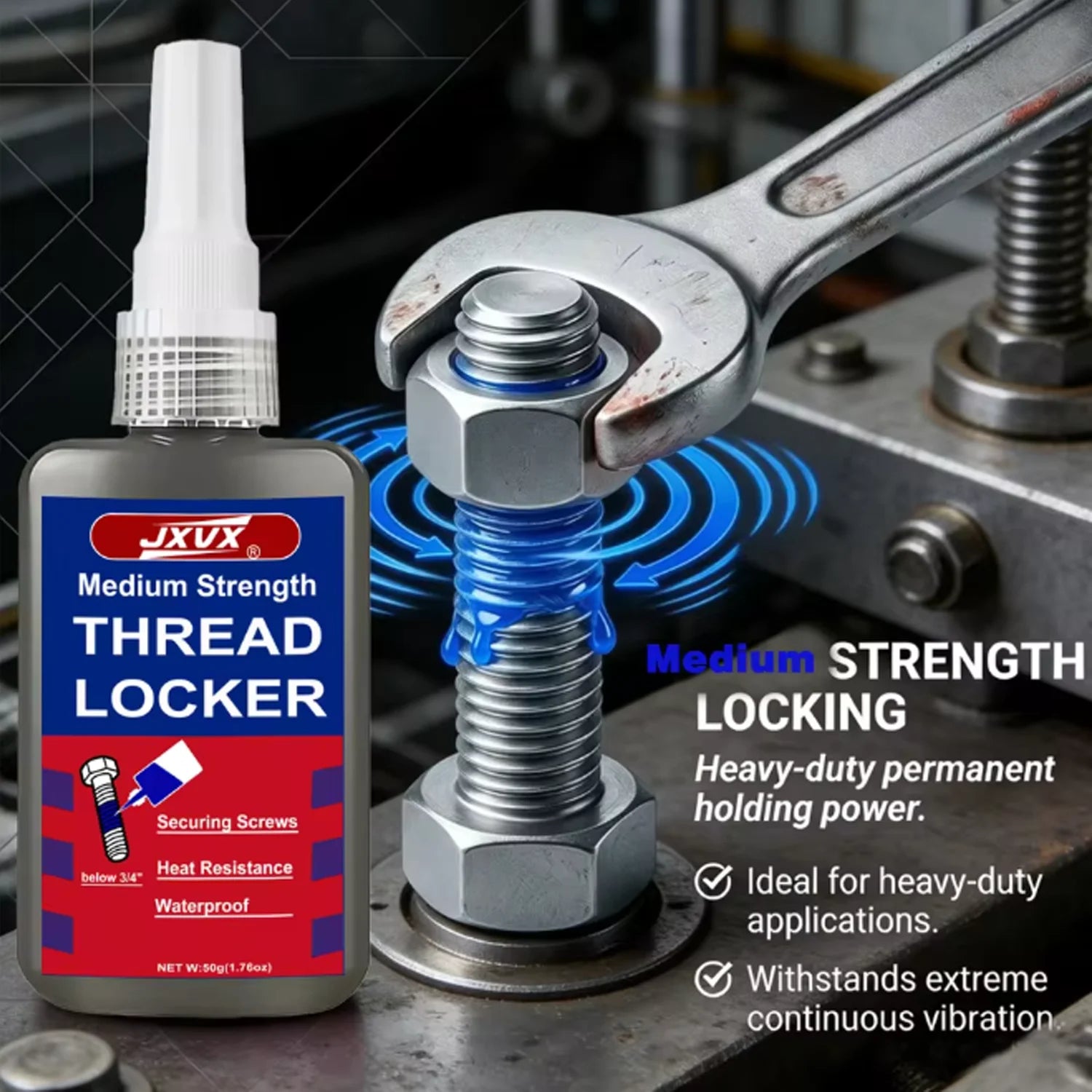 JXVX 243 Threadlocker Medium Strength Thread Locking Blue Removable Adhesive Anaerobic Epoxy Adhesive Industrial Thread Sealant.