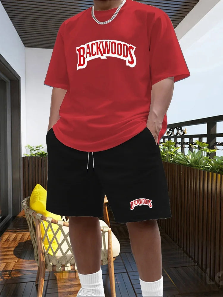 2026 New Summer Men's Fashionable Round Neck Short Sleeved Suit Black Brand Casual Jogging Clothes Sportswear