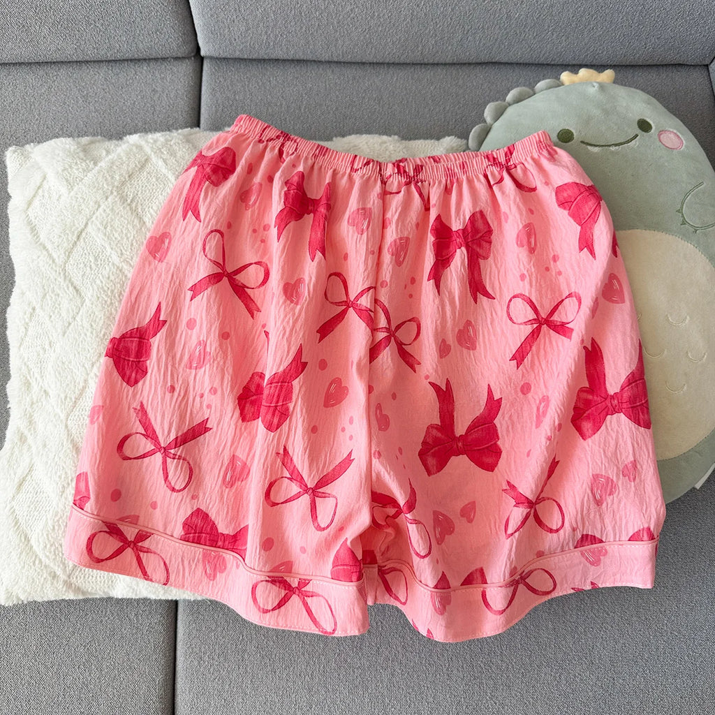 Women's Summer Pajamas, Thin Style with Bow Pattern, Short-Sleeved Shorts, Sweet and Cute, Can Be Worn Outside in Summer, Two-Piece Home Wear Set