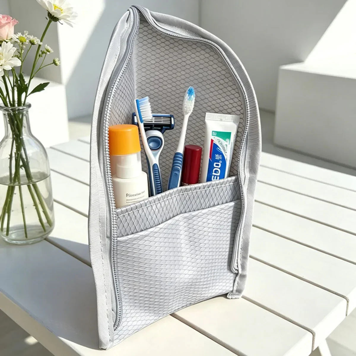 Large Capacity PVC Cosmetic Bag Waterproof Space Saving Toothbrush Toiletry Pouch Zipper Closure Vertical Design