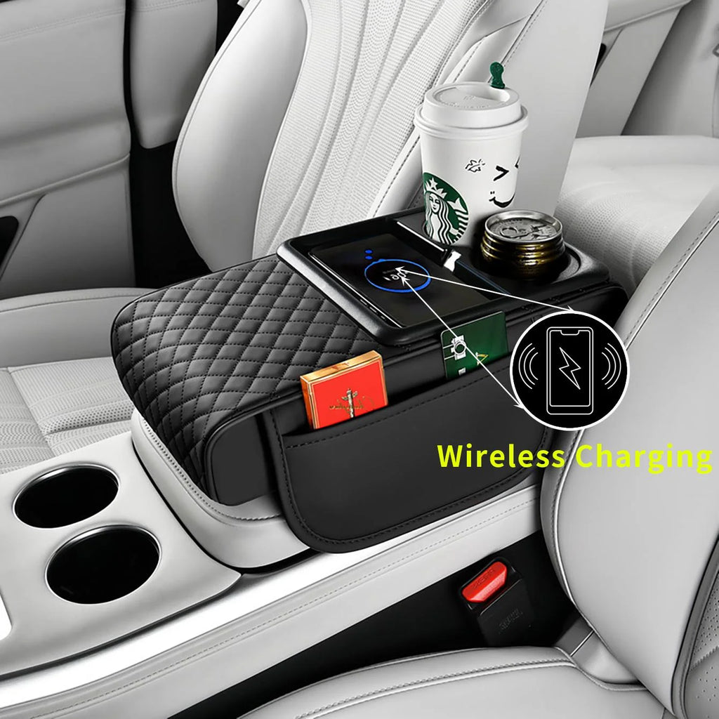 1 Car Armrest Box with Multiple Colors, Compatible with Apple and Huawei Wireless Charging, Comes with a Pack of Tissues and a Coaster