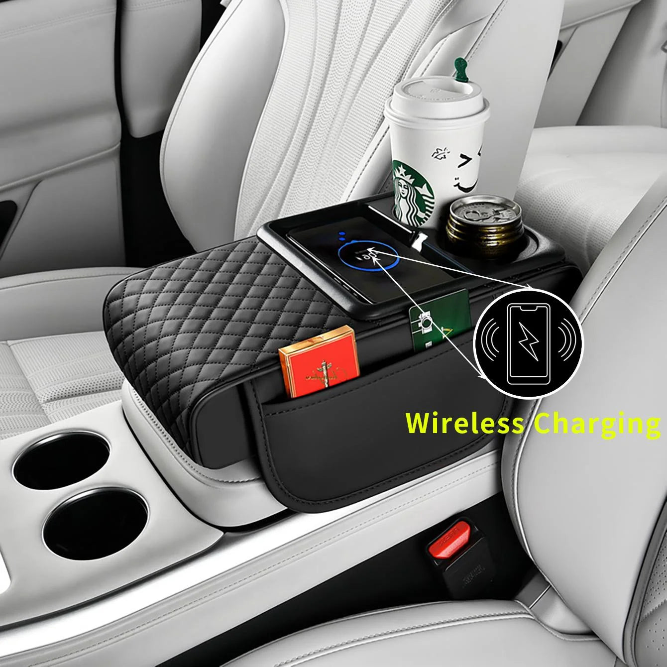 1 Car Armrest Box with Multiple Colors, Compatible with Apple and Huawei Wireless Charging, Comes with a Pack of Tissues and a Coaster