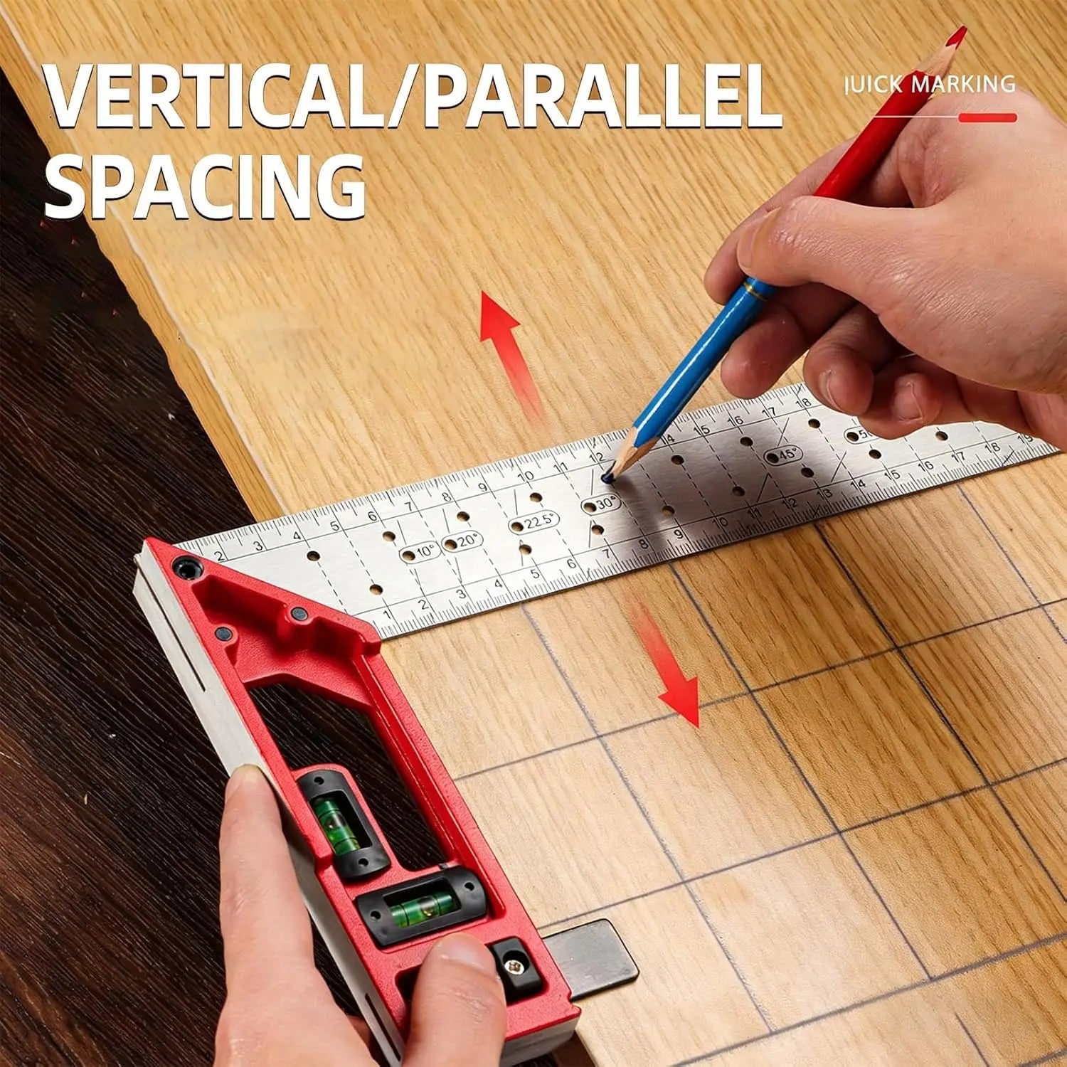 Professional Measuring Instrument with Dual Axis Level Bubble and Multiple Angled Hole Designs for Carpentry Projects