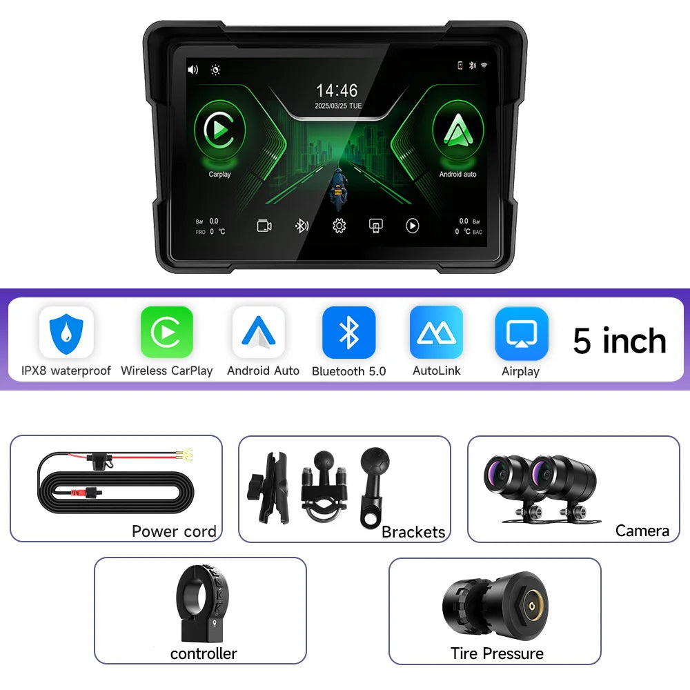 5/7 Inch Portable Motorcycle DVR GPS Navigation IPX8 Waterproof LCD Display For Wireless CarPlay Android Auto Multimedia Player