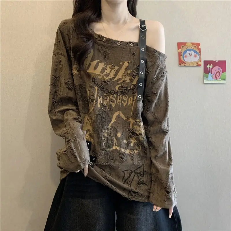 Loose and Slimming Oversized Women's T-shirt with Ragged and Faded V-neck and Off-shoulder Long Sleeves for Spring and Autumn