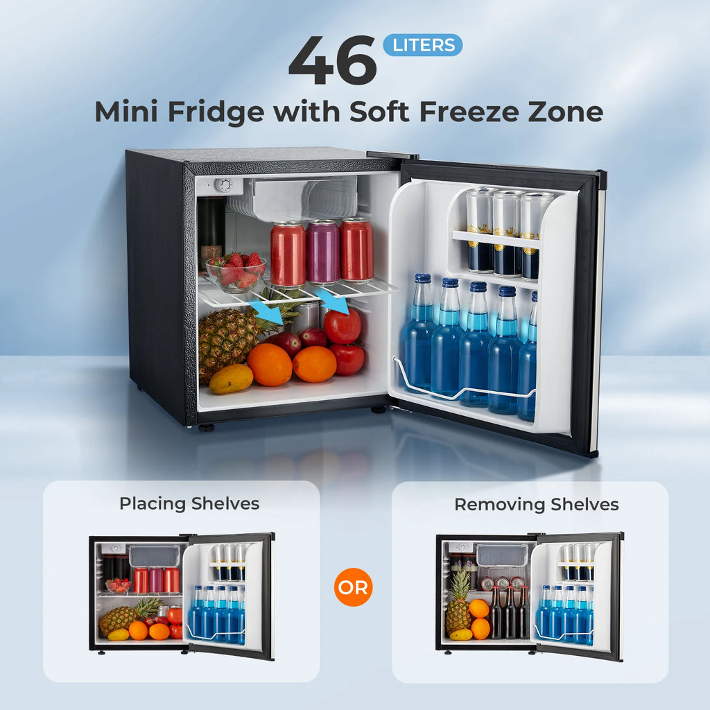 Mini Fridge 1.6 Cu.ft, Compact Small Drinks Refrigerator, Energy E, Adjustable Thermostat, Apartment, Bedroom, Stainless Steel
