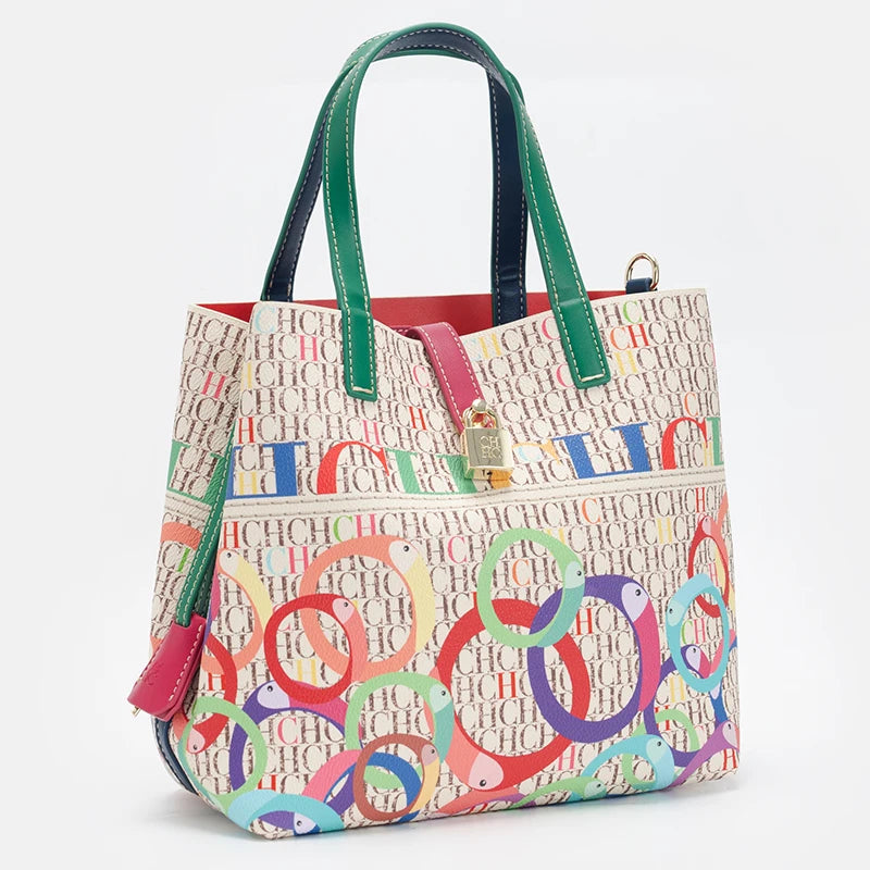 CH Letter Print Tote Bag Set 2 in 1 Large Capacity Women Handbag with Detachable Strap + Mini Clutch Casual Office Shopping Bag