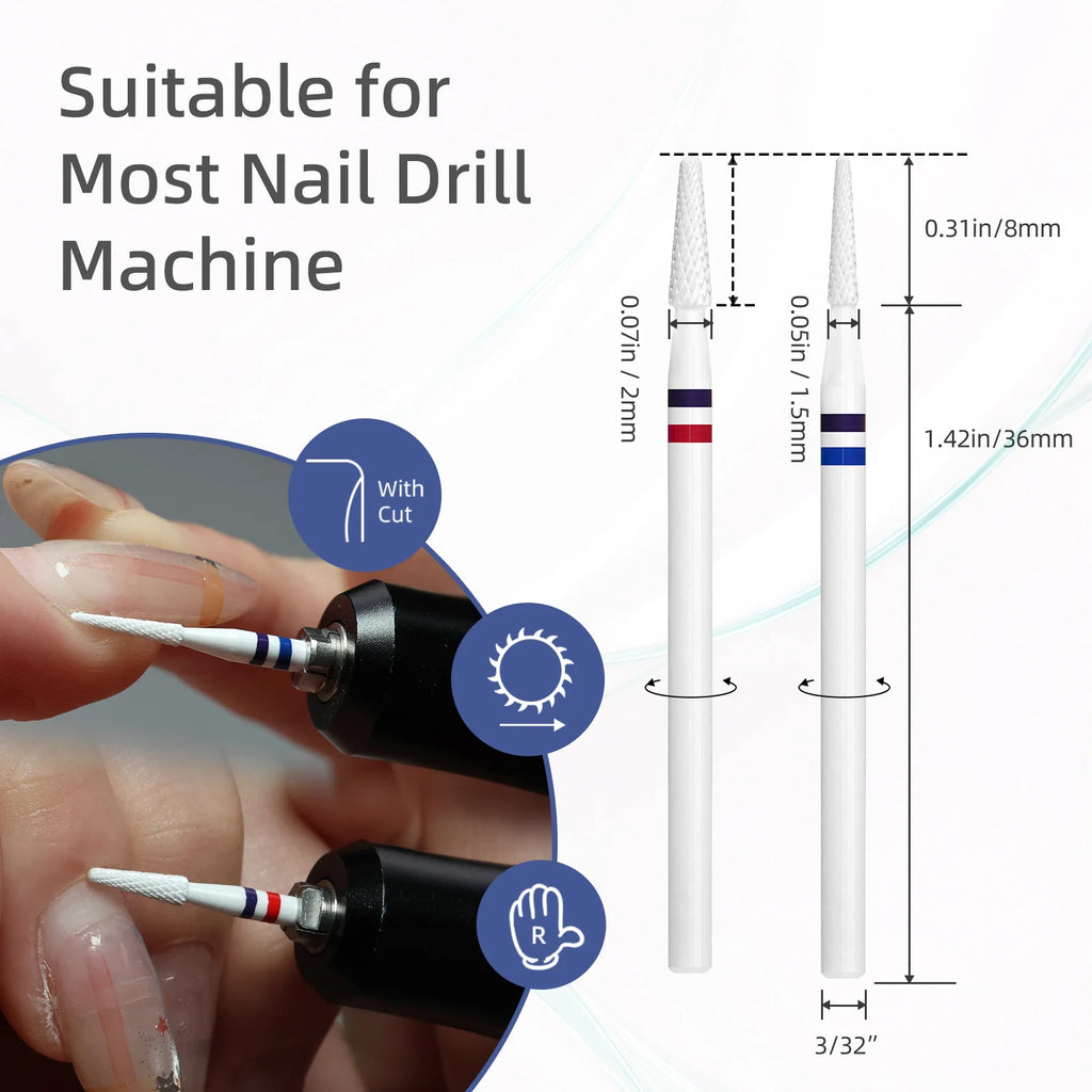 HYTOOS 1.5/2mm Cone White Composite Ceramic Nail Drill Bits High Hardness Pro E-file Bit for Cuticle Clean Gel Removal Tools