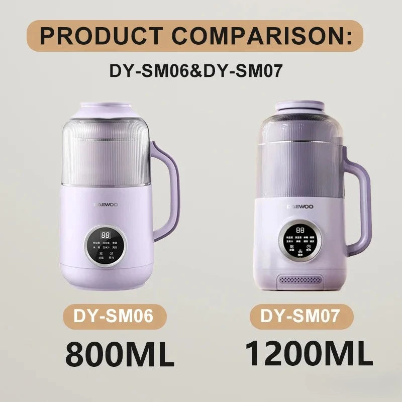 DAEWOO 800ML/1200ML Portable Food Blender High Speed Stirring Wall-Breaking Soymilk Maker Low Noise Design Soybean Milk Machine