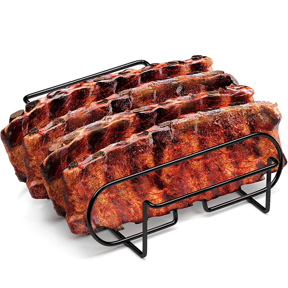 LMETJMA BBQ Rib Racks Non-Stick Coated Steel Roasting Barbecue Meat Roasting Grilling Stand Holds 4 Rib Rack For Gas Grill JT25t