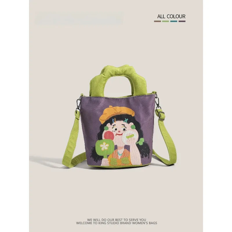 2026 New Trendy Illustration Design Canvas Bucket Bag for Women Cute Funny Ugly Cute Shoulder Crossbody Handbag