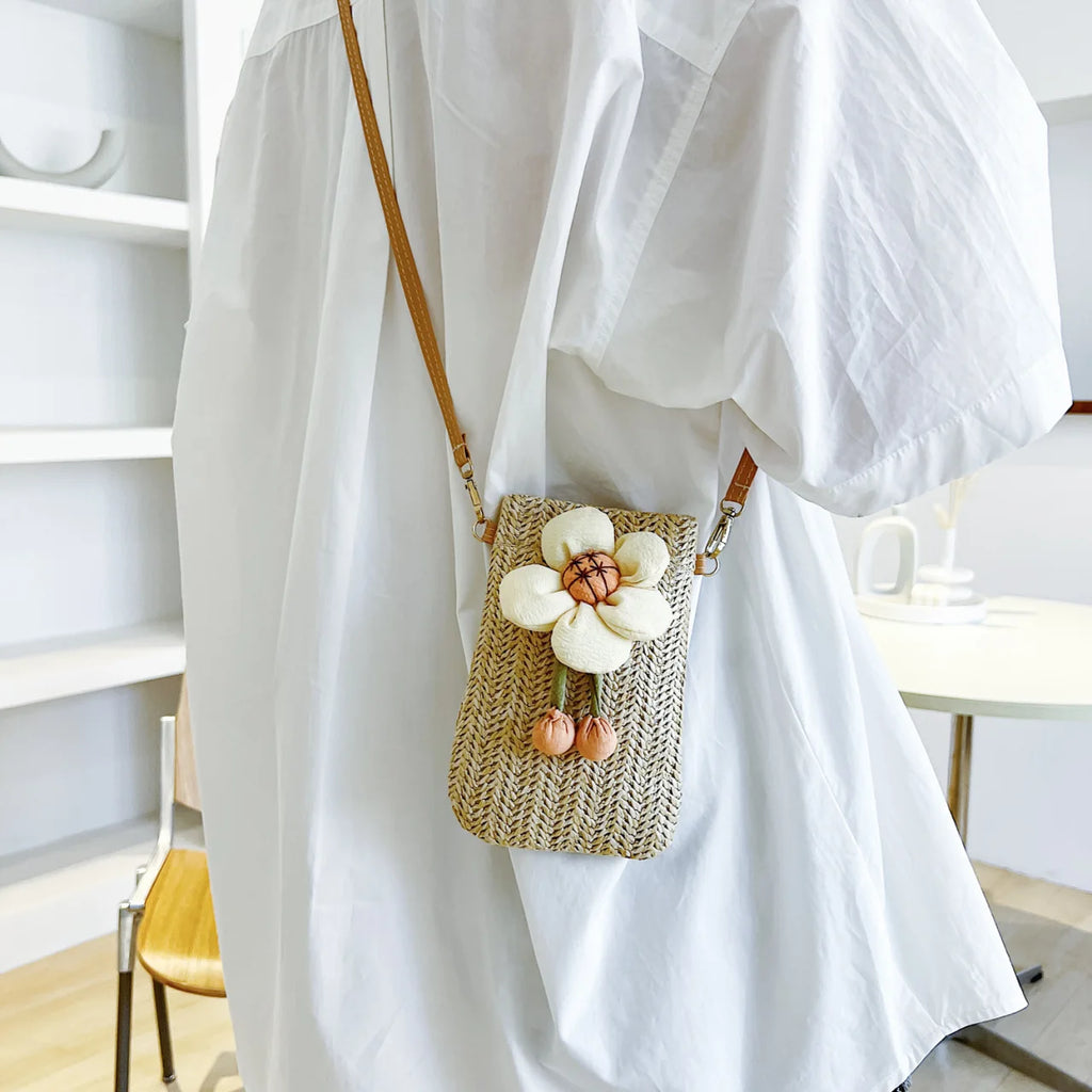 Mobile bag, summer woven bag, fashionable mini crossbody bag, outdoor beach bag, casual trendy single shoulder bag