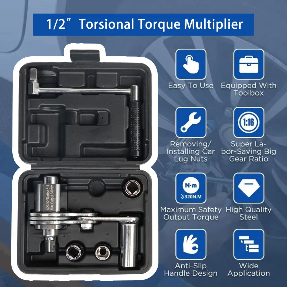 1/2" 17mm 19mm 21mm Torsional Torque Multiplier Wrench with Carrying Case Lug Nut Remover Type Car Tire Disassembly Labor-Saving