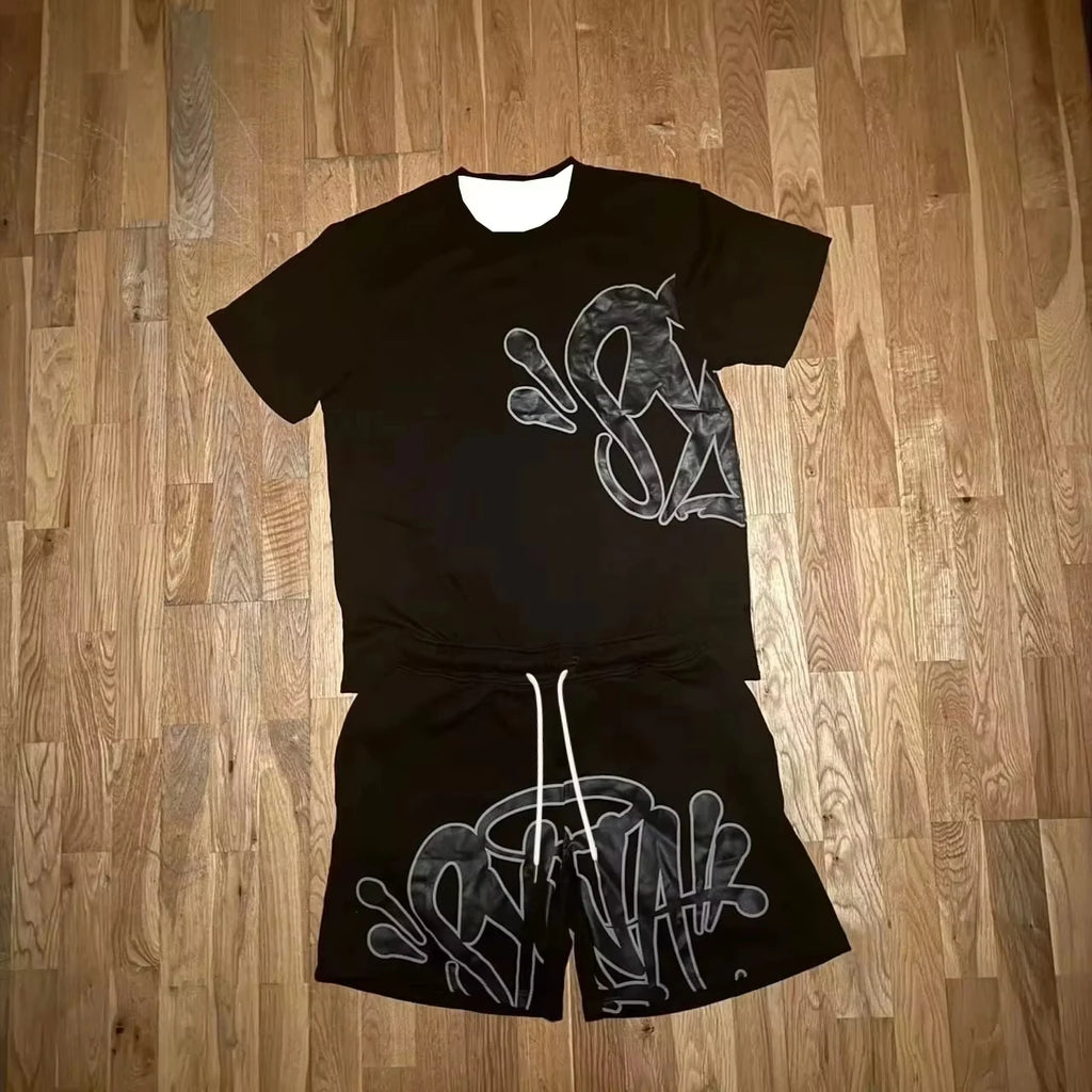 2026 Summer New Style Unisex Abstract Graffiti Graphic 2 Piece Tracksuit Black Tee and Elastic Waist Shorts for Kids Streetwear