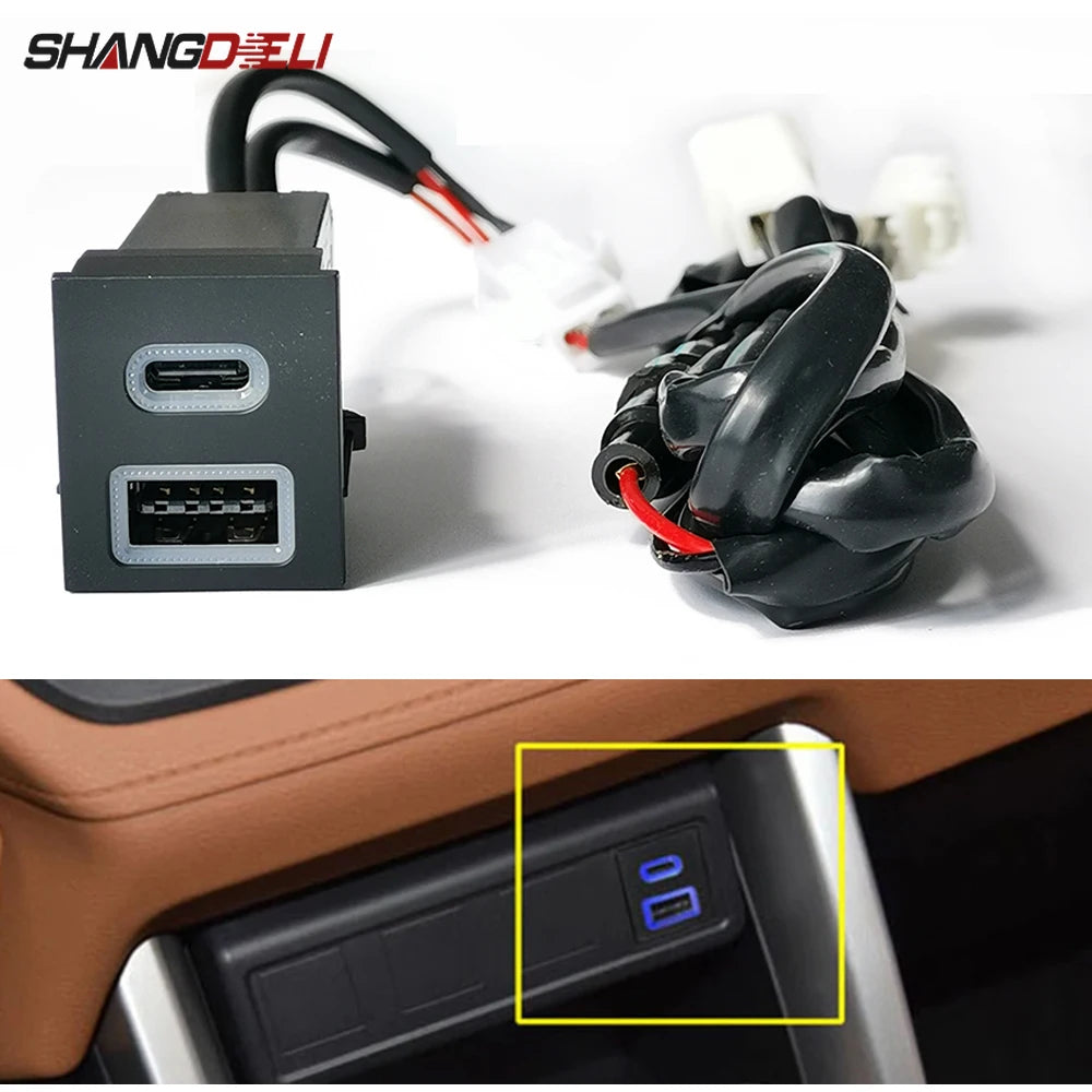 12V/24V Car Dual Charger USB QC3.0 Type-c PD Blue LED Light Phone Charger Adapter Fit for Toyota RAV4 Wildlander Corolla