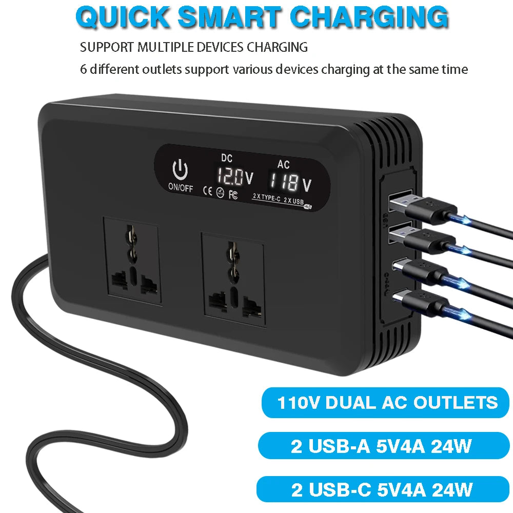 Car Inverter 200W DC 12V to AC 220V 230V Car Inverter Converter Auto Power Adapter USB Type C EU Universal Socket Power Adapter