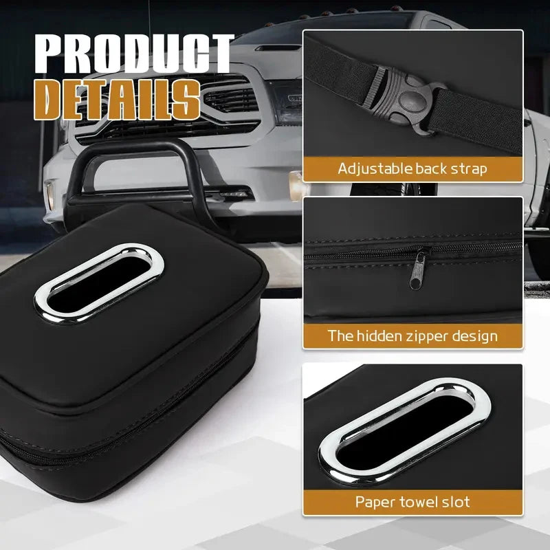 Universal Black Leather Car Tissue Bag with Chrome Metal Opening Hanging Headrest Napkin Box Cover