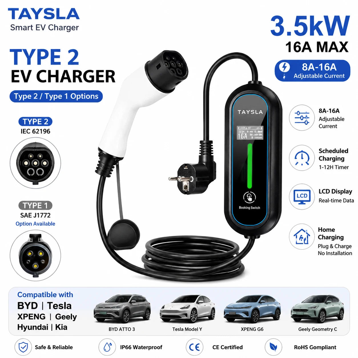 TAYSLA EV Charger Portable 3.5kW 16A TYPE 2 TYPE 1 J1772 Charger EU Plug Charging Cable Wallbox AC80V-260V for All Electric Car