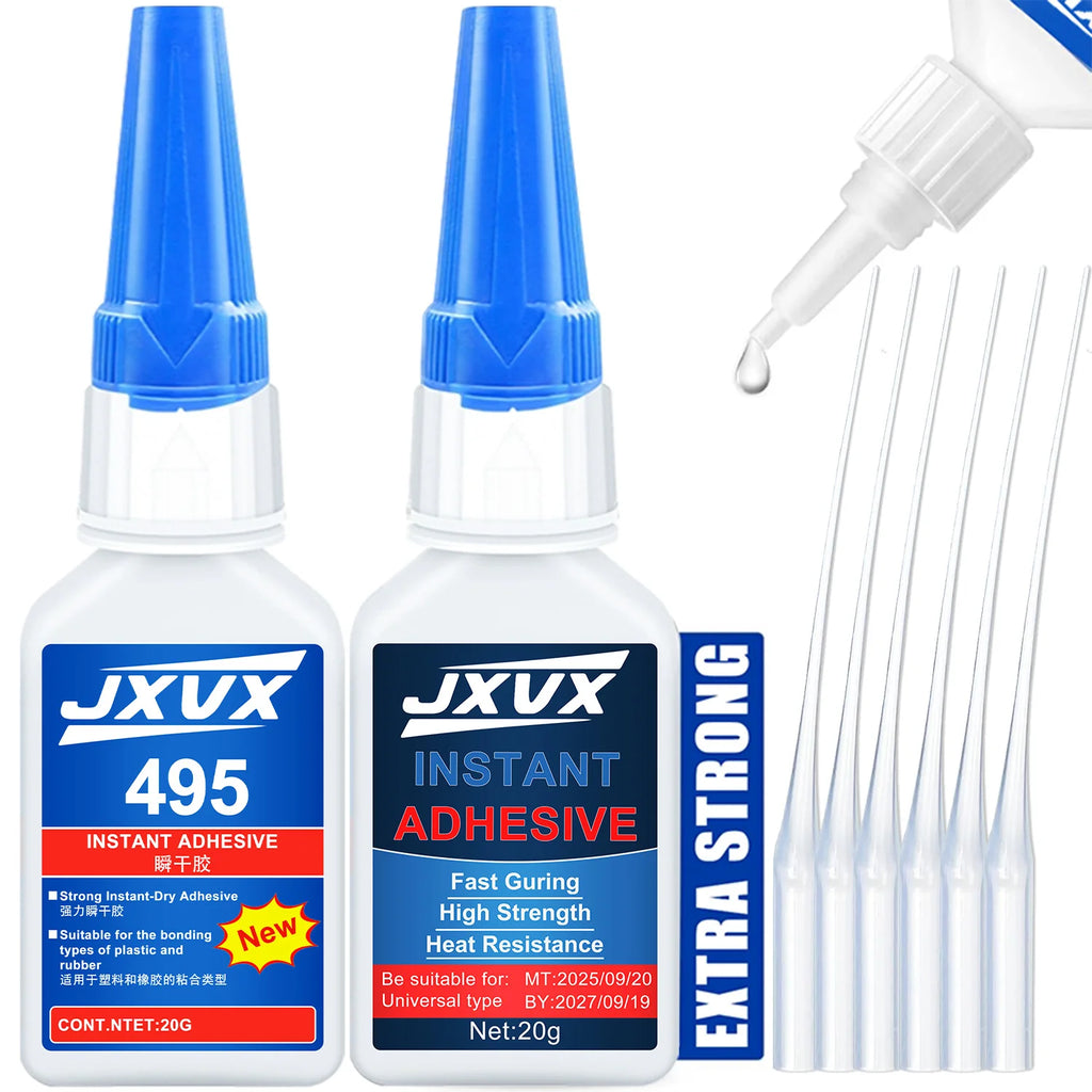 New 495 Multi-Purpose Super Glue Original Cyanoacrylate Adhesive 5-second quick-dry Instant Fast Adhesive Rubber Wood Glass Stronger All Bonding Glue 20g Includes precision dispenser 5PCS.