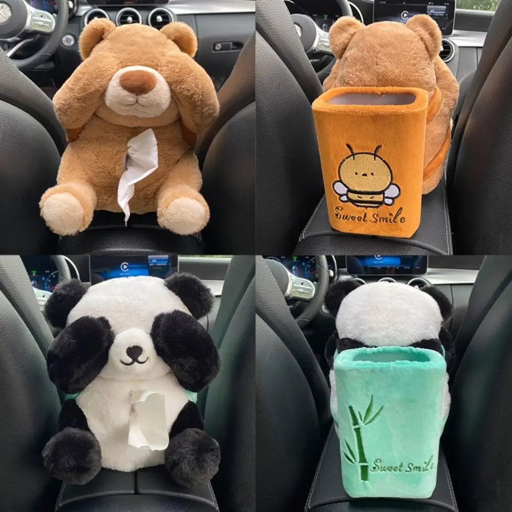 Plush Bear Car Tissue Box 2-in-1 Car Tissue Box and Trash Can Cute Napkin Tissue Paper Holder Creative Car Armrest Tissue Case