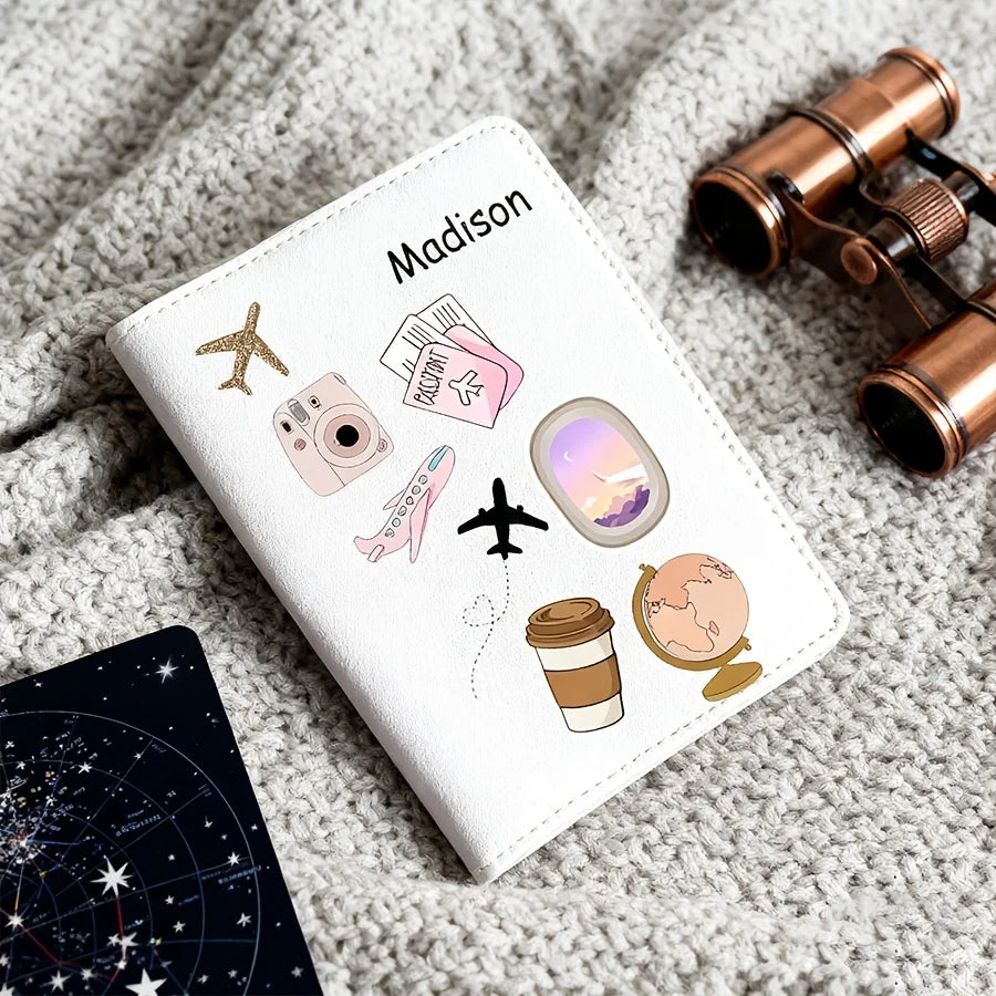 Personalized Name Text Custom PU Passport Holder, Cartoon Pattern Designed Passport Case, Faux Leather Scratch-Resistant