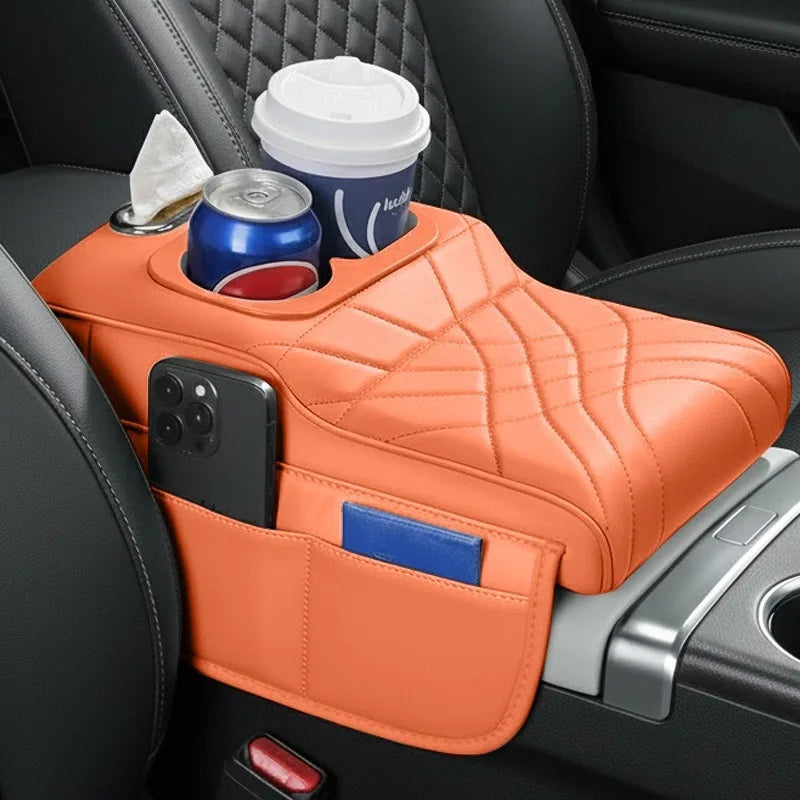 High-Low Style Car Armrest Box Cushion-An Armrest Cover with 2Side Pockets,2Cup Holders and 1 Tissue Box.Suitable for Most Cars