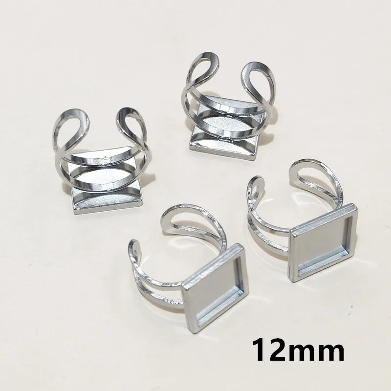 5pcs Stainless Steel Square Rectangle Thick Adjustable Ring Blank Base Settings ,Fit 12/20/25mm Cabochons DIY Rings Bezel Tray