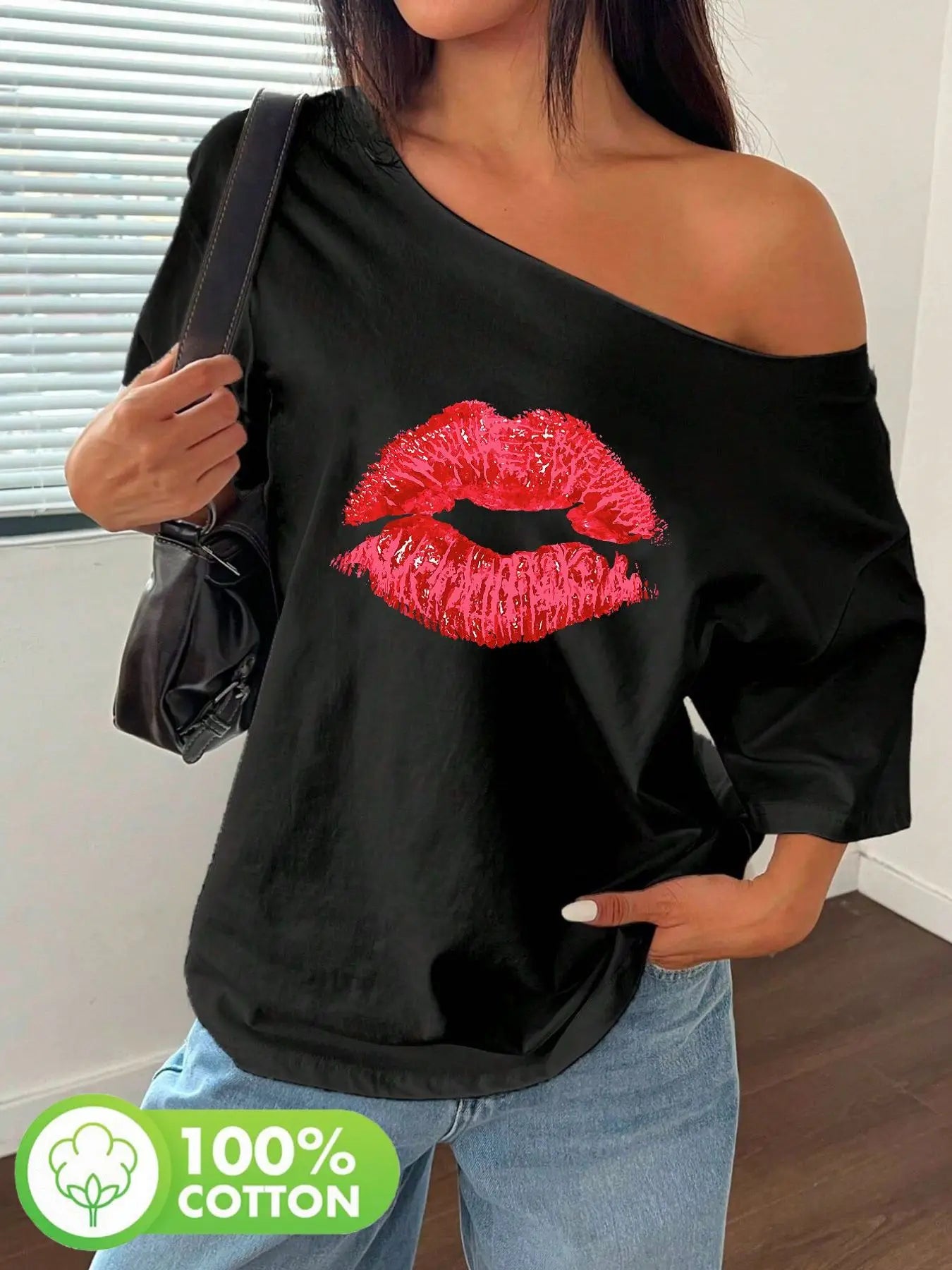 Plus Size 100% Cotton Shoulder Loose Print T-Shirt Oversized Y2K Style Graphic Tees Women Tops Summer Off The Shoulder Top wi