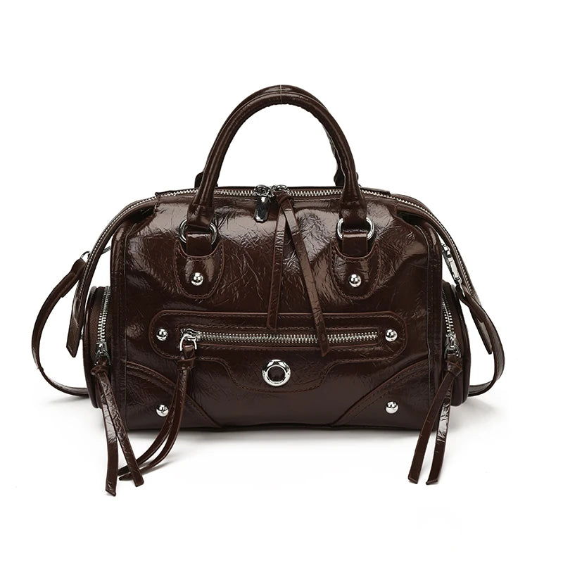 Luxury Metallic Silver Gold Patent Leather Motorcycle Bag Cool Rivet Tassel Mini Boston Handbag Trendy Crossbody Purse