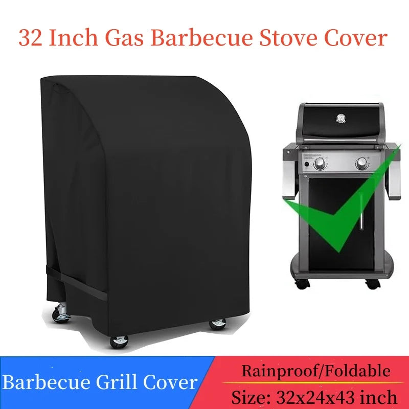 32 Inch Black BBQ Cover Rainproof Gas Barbecue Stove Hood with Folding Side Table Outdoor Oven Protection 210D Cloth Grill Cover