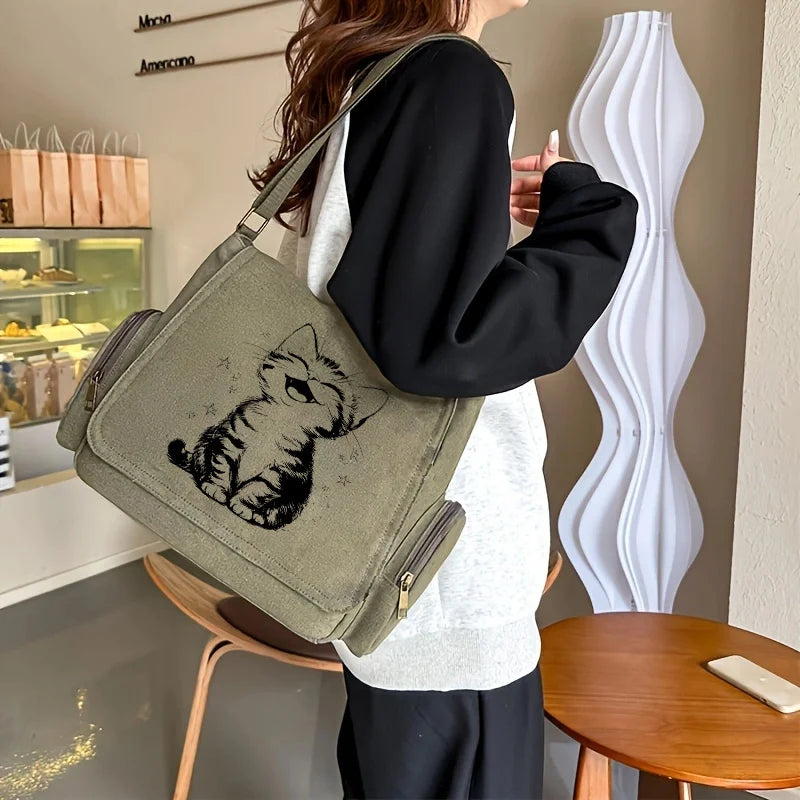 Large Capacity Women's Canvas Shoulder Bag Lovely Cat Printed Army Green Crossbody Bag For Women Laptop Bag